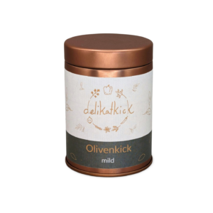 Das Bild zeigt eine Kupfer/Rosé farbene Dose mit einem Etikett mit dem delikatkick Logo, dem Namen des Gewürzes "Olivenkick" und der Intensität "mild".